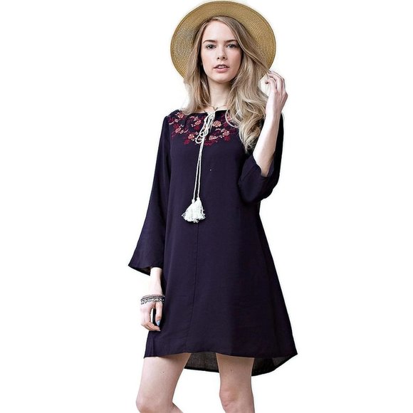 Kori America Floral Embroidered Shift Dress, Navy - Picture 2 of 5